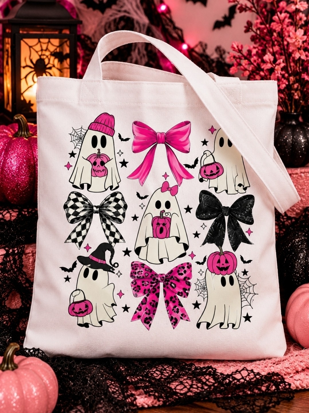Pink Ghost Bow Halloween Tote Bag - Casual Women’s Shoulder Bag